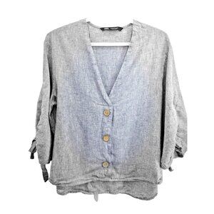 Zara Woman Sz Med  Soft Blue Chambray Fabric Tied Sleeves Casual Sophisticated